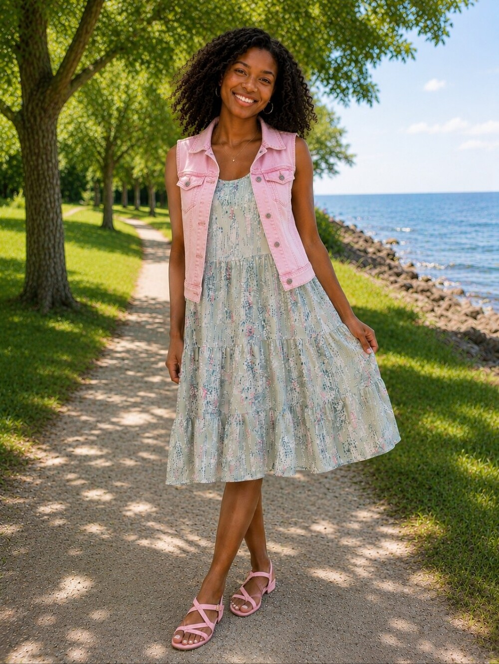 "Vintage Inspired Boho Tiered Midi Sundress - Groovy Pastel Abract Print. - Picture 7 of 7